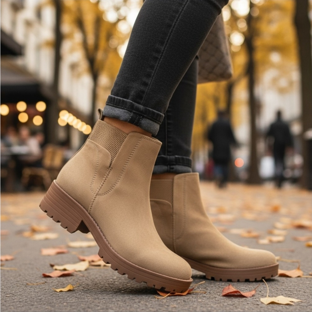 Sun + Stone Faux Microsuede Chelsea Zip On Lug Boots Booties 7.5 M Desert Beige